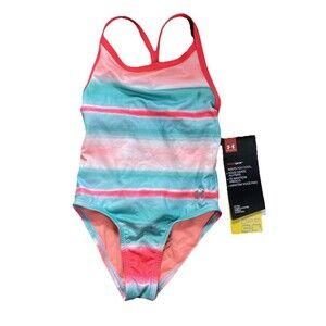 UNDER ARMOUR Heat Gear Girls Swim Suit Size 2T Orange Blue One Piece SPF30 NWT
